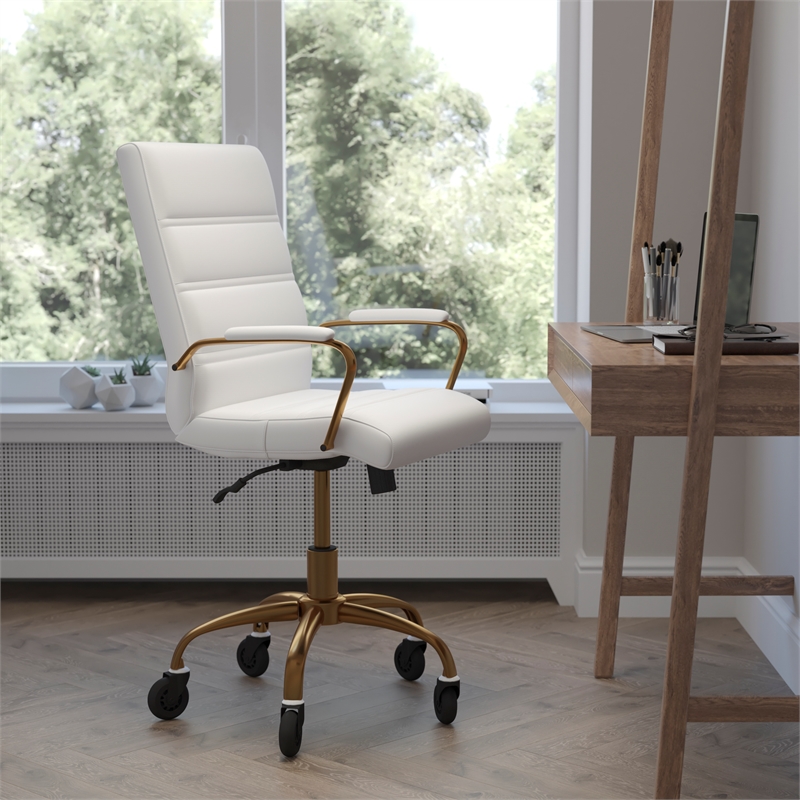 Executive Chair with Gold Frame & Arms on Skate Wheels - White LeatherSoft