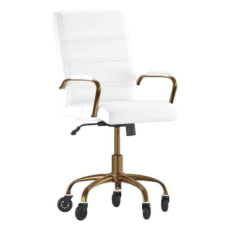 Executive Chair with Gold Frame & Arms on Skate Wheels - White LeatherSoft