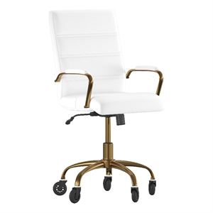 Executive Chair with Gold Frame & Arms on Skate Wheels - White LeatherSoft