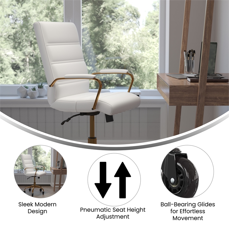 Executive Chair with Gold Frame & Arms on Skate Wheels - White LeatherSoft