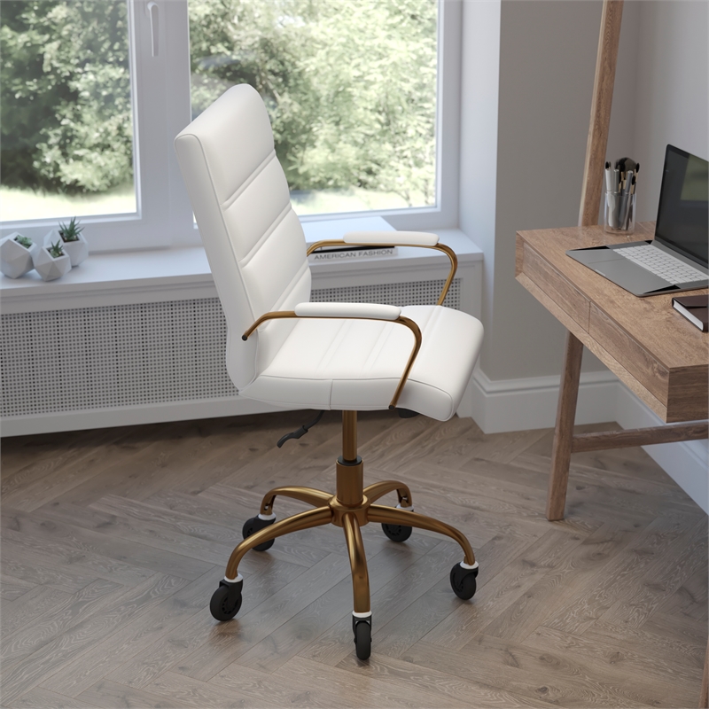 Executive Chair with Gold Frame & Arms on Skate Wheels - White LeatherSoft
