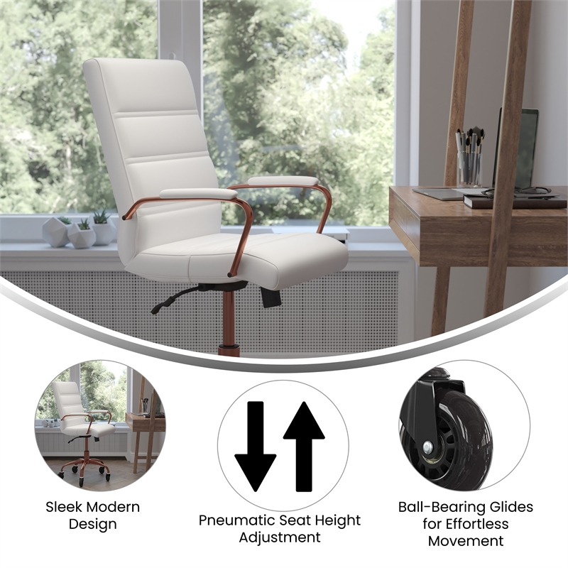 Executive Chair with Rose Gold Frame & Arms on Skate Wheels - White LeatherSoft