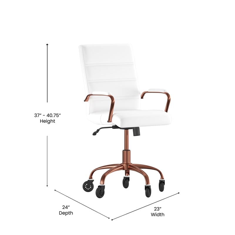 Executive Chair with Rose Gold Frame & Arms on Skate Wheels - White LeatherSoft