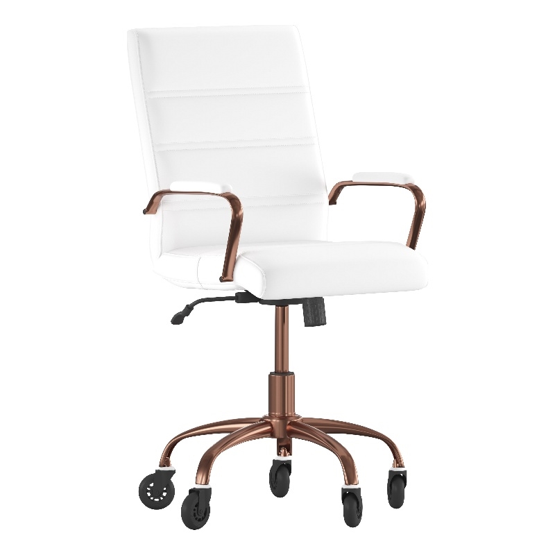 Executive Chair with Rose Gold Frame & Arms on Skate Wheels - White LeatherSoft