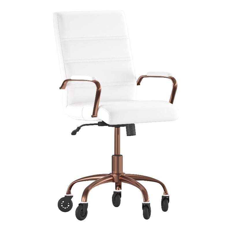 Executive Chair with Rose Gold Frame & Arms on Skate Wheels - White LeatherSoft