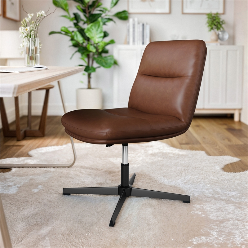 Commercial Mid-Back Padded LeatherSoft Swivel Office Chair in Cognac/Black