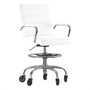 Drafting Chair with Roller Wheels Adjustable Foot Ring - White LeatherSoft