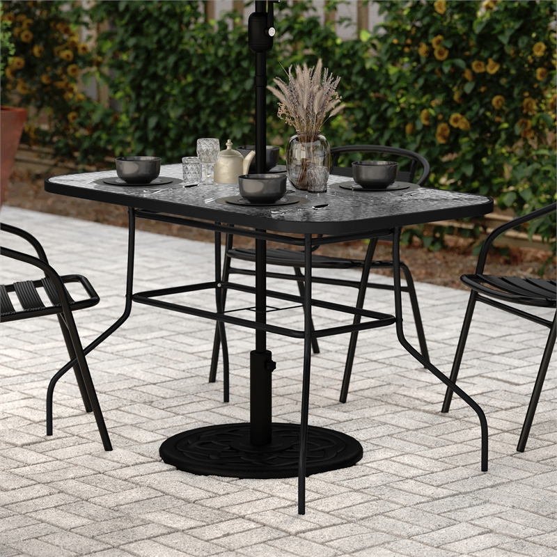 Commercial 47.25x27.5 Tempered Glass and Steel Patio Table - Umbrella Hole-Black