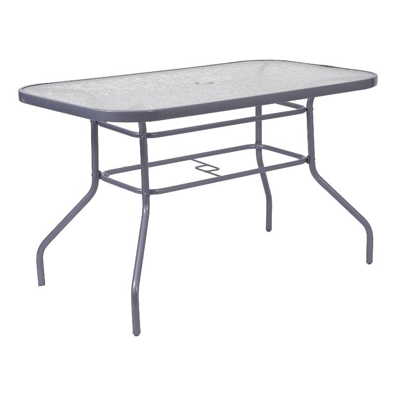 Commercial 47.25x27.5 Tempered Glass and Steel Patio Table-Umbrella Hole-Silver