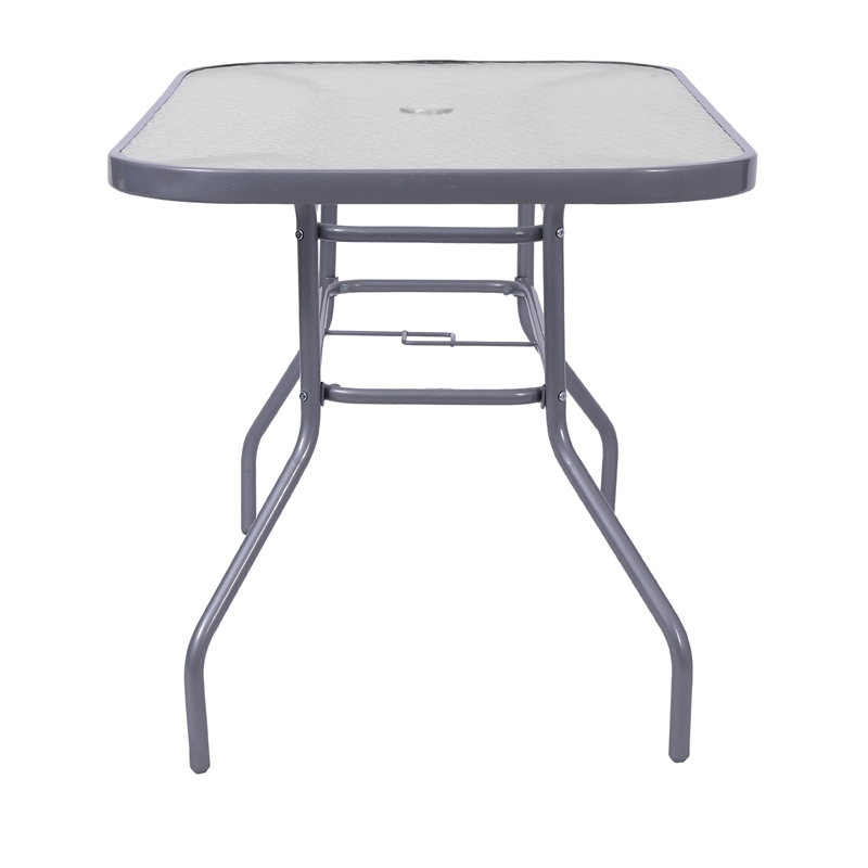 Commercial 47.25x27.5 Tempered Glass and Steel Patio Table-Umbrella Hole-Silver