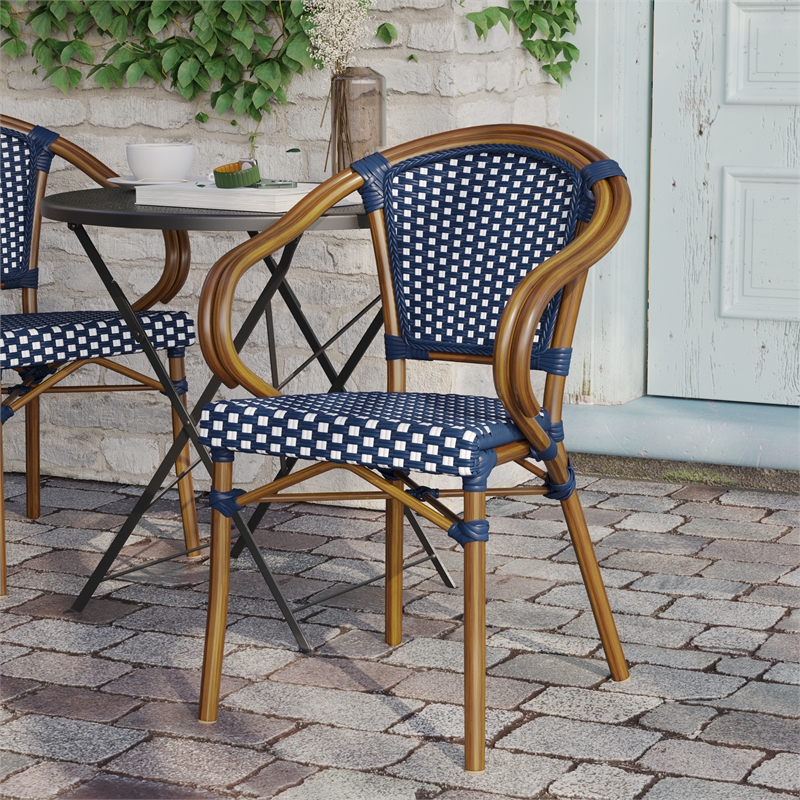 All-Weather Commercial Paris Chair with Bamboo Print Metal Frame-Navy/White