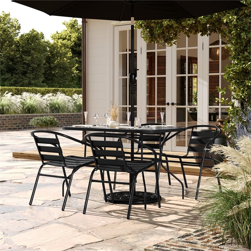 Commercial Patio Dining Set with Tempered Glass Top Table and 4 Chairs in Black