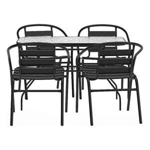 Commercial Patio Dining Set with Tempered Glass Top Table and 4 Chairs in Black