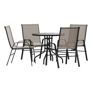 5 Piece Patio Dining Set - 31.5&quot Round Glass Table 4 Brown Flex Stack Chairs
