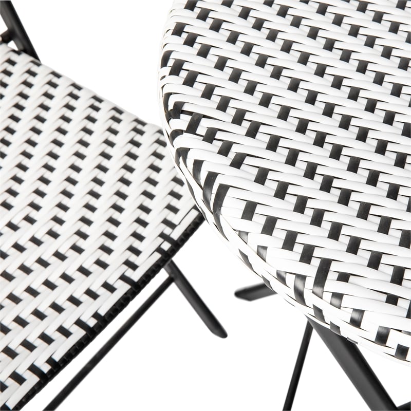 3PC Black and White Indoor/Outdoor PE Rattan Folding Bistro Set