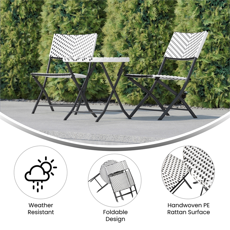 3PC Black and White Indoor/Outdoor PE Rattan Folding Bistro Set