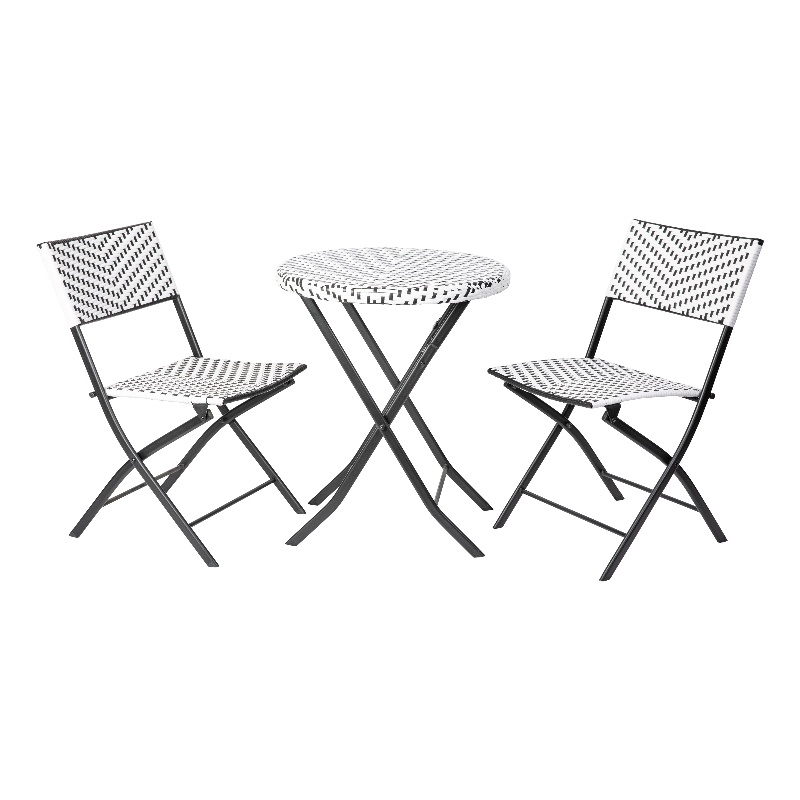 3PC Black and White Indoor/Outdoor PE Rattan Folding Bistro Set