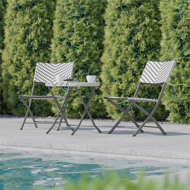 3PC Gray/White and Charcoal Indoor/Outdoor PE Rattan Folding Bistro Set