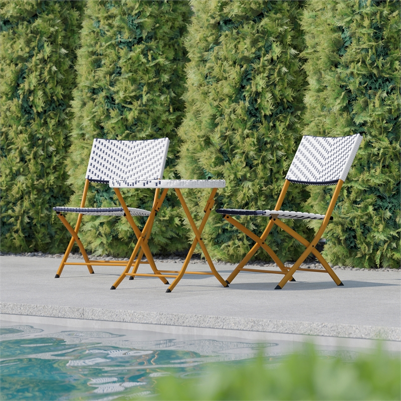 3PC Navy and White Indoor/Outdoor PE Rattan Folding Bistro Set