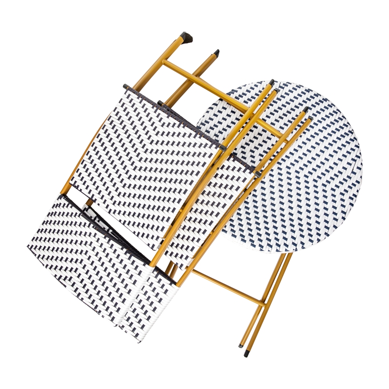3PC Navy and White Indoor/Outdoor PE Rattan Folding Bistro Set
