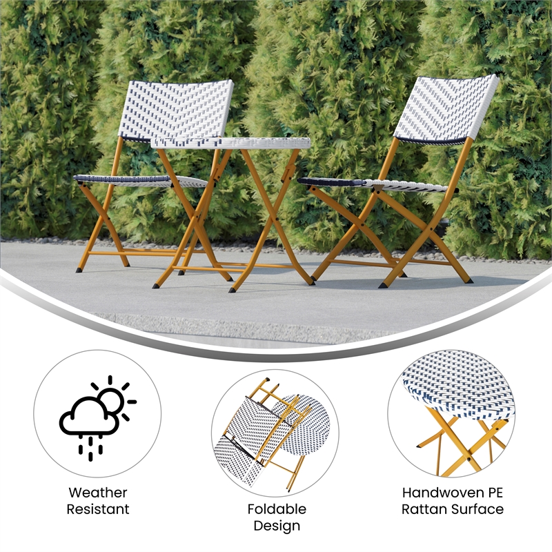 3PC Navy and White Indoor/Outdoor PE Rattan Folding Bistro Set