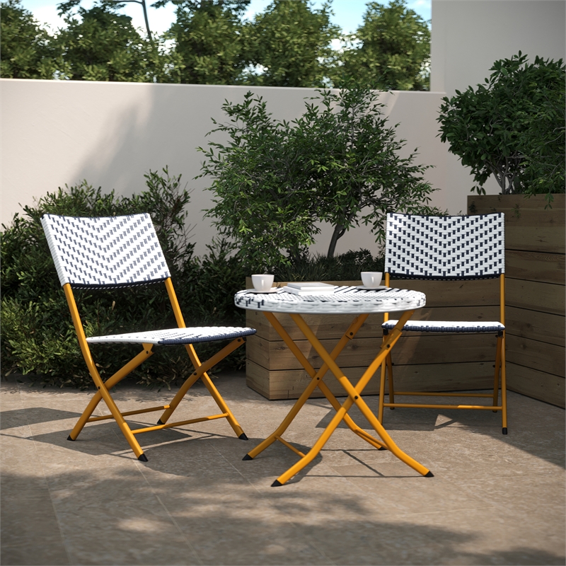 3PC Navy and White Indoor/Outdoor PE Rattan Folding Bistro Set