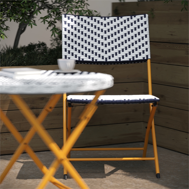 3PC Navy and White Indoor/Outdoor PE Rattan Folding Bistro Set