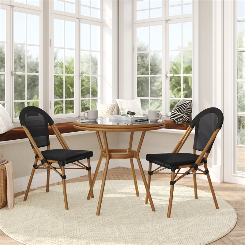 Indoor/Outdoor Commercial Bistro Set with Table and Two Chairs in Black