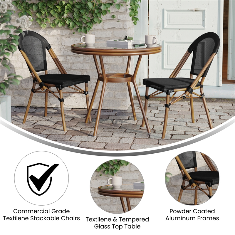 Indoor/Outdoor Commercial Bistro Set with Table and Two Chairs in Black