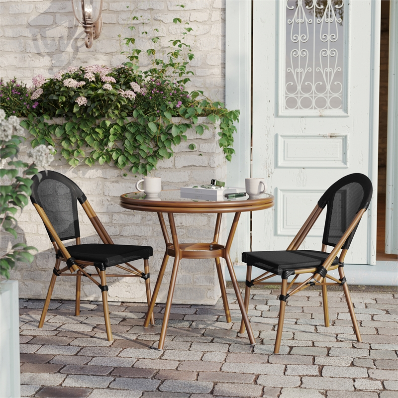 Indoor/Outdoor Commercial Bistro Set with Table and Two Chairs in Black