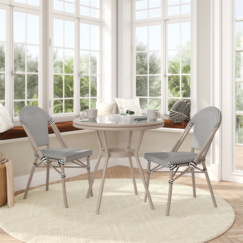 Indoor/Outdoor Commercial Bistro Set with Table and Two Chairs in Blk/Wht