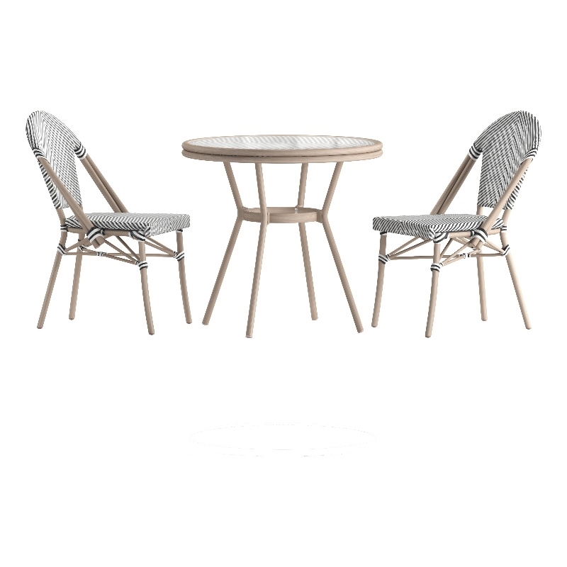 Indoor/Outdoor Commercial Bistro Set with Table and Two Chairs in Blk/Wht