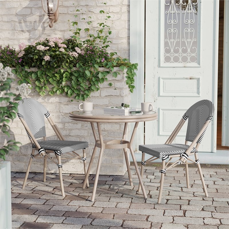 Indoor/Outdoor Commercial Bistro Set with Table and Two Chairs in Blk/Wht