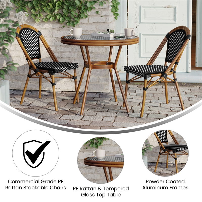 Indoor/Outdoor Commercial Bistro Set with Table and 2 Chairs in Blk/Wht