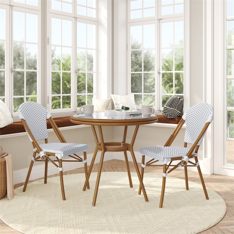 Indoor/Outdoor Commercial Bistro Set with Table and 2 Chairs in Wht/Gray