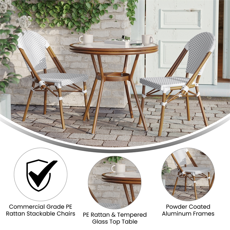 Indoor/Outdoor Commercial Bistro Set with Table and 2 Chairs in Wht/Gray