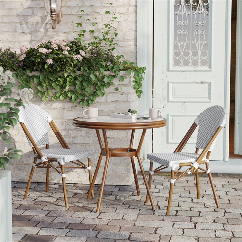 Indoor/Outdoor Commercial Bistro Set with Table and 2 Chairs in Wht/Gray