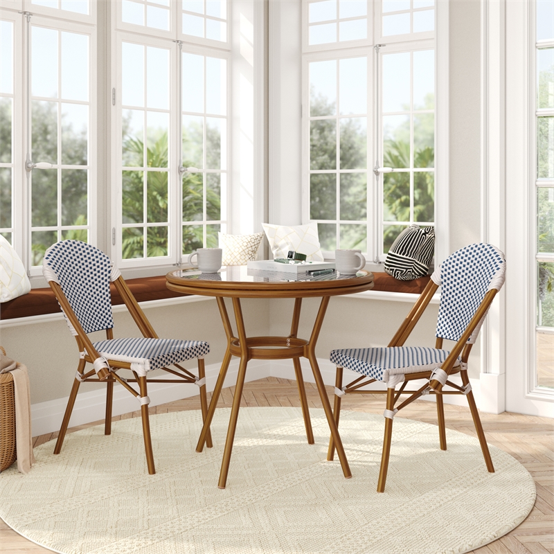 Indoor/Outdoor Commercial Bistro Set with Table and 2 Chairs in Wht/Navy