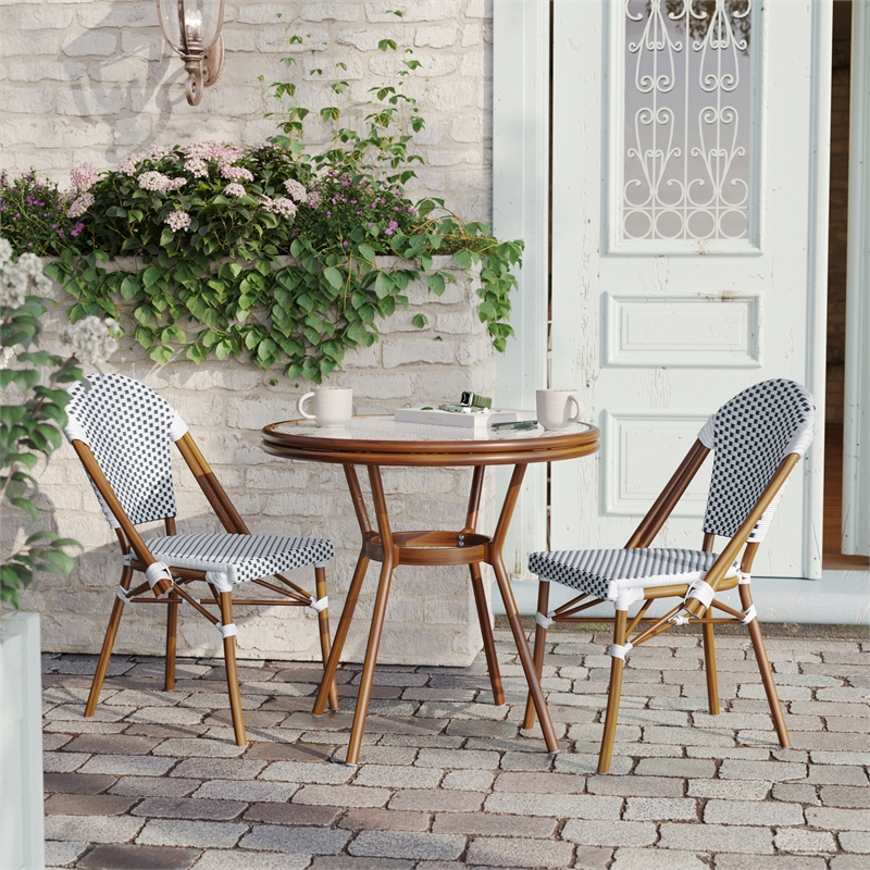 Indoor/Outdoor Commercial Bistro Set with Table and 2 Chairs in Wht/Navy