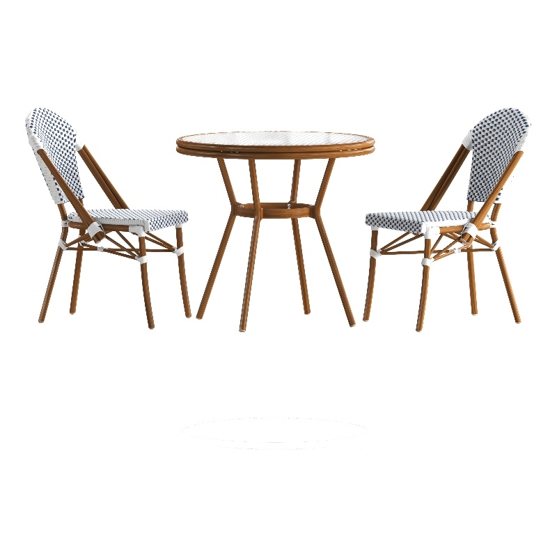 Indoor/Outdoor Commercial Bistro Set with Table and 2 Chairs in Wht/Navy