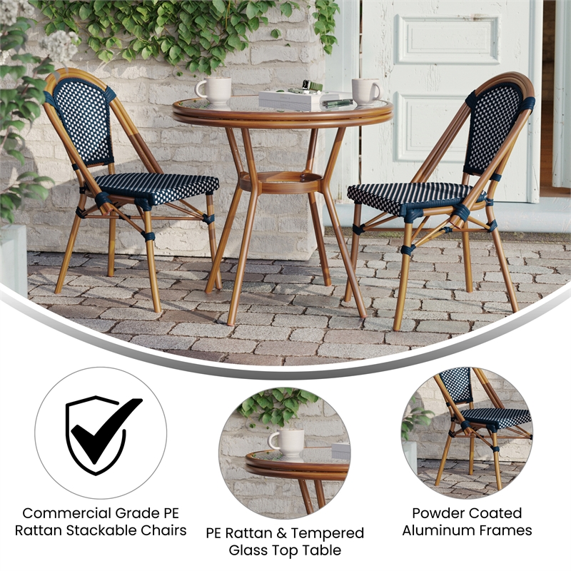 Indoor/Outdoor Commercial Bistro Set with Table and 2 Chairs in Navy/Wht