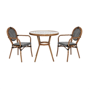 Indoor/Outdoor Commercial Bistro Set with Table and 2 Chairs in Blk/Wht