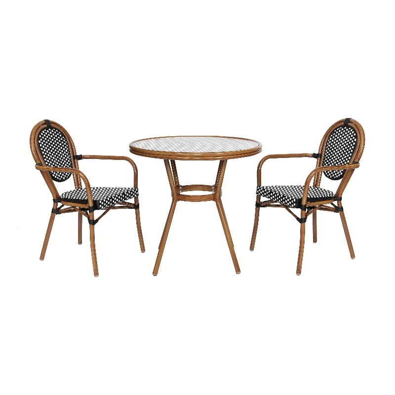 Indoor/Outdoor Commercial Bistro Set with Table and 2 Chairs in Blk/Wht