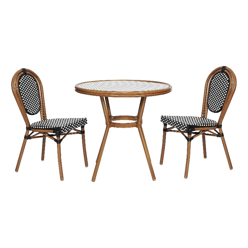 Indoor/Outdoor Commercial Bistro Set with Table and 2 Chairs in Blk/Wht
