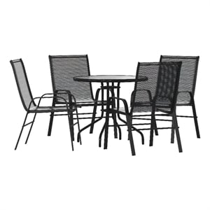 5 Piece Patio Dining Set - 31.5&quot Round Glass Table 4 Black Flex Stack Chairs