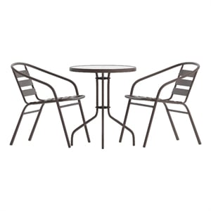 Modern 23.75&quot Round Glass Framed Glass Table with 2 Bronze Slat Back Chairs
