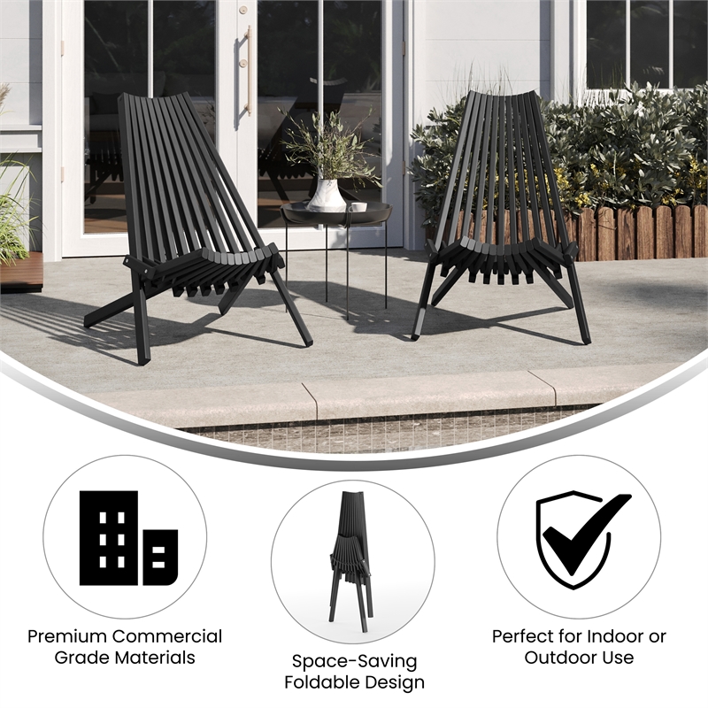 Commercial Indoor/Outdoor Low Profile Acacia Wood Patio Folding Chair in Black