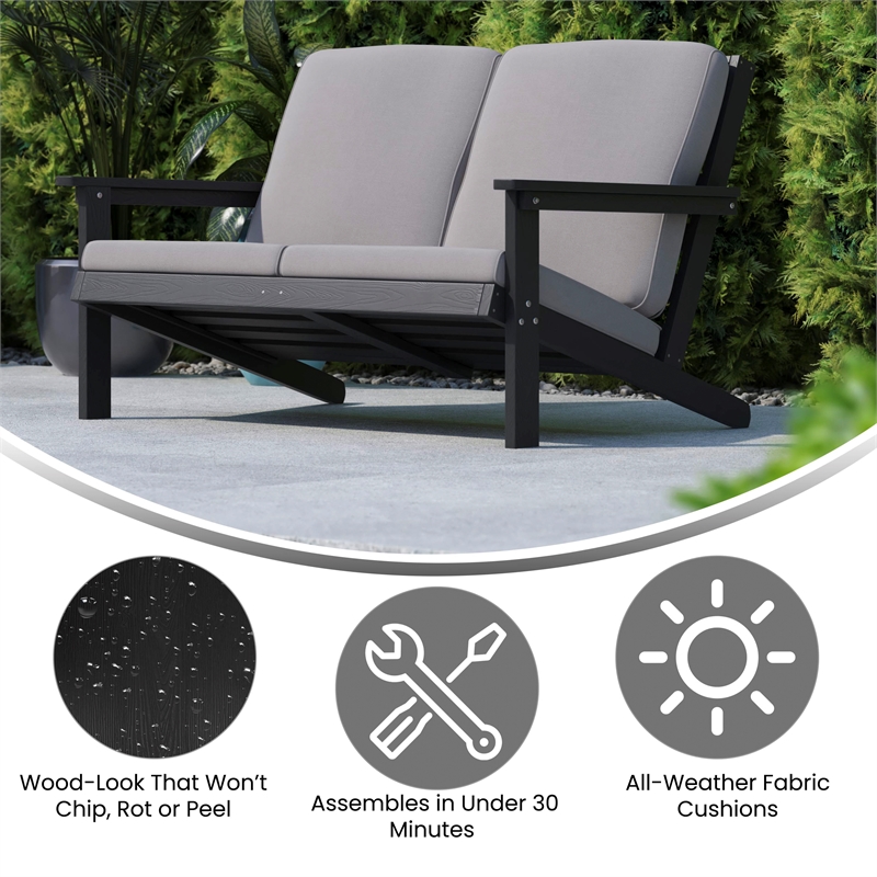 All-Weather Poly Resin Adirondack Loveseat & Cushions - Black/Charcoal