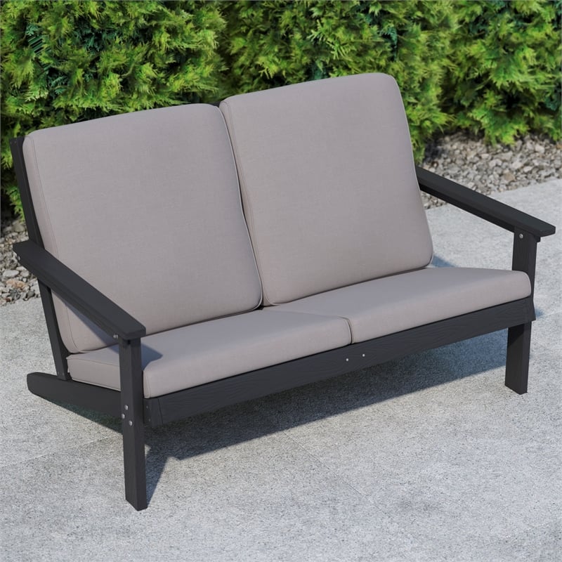 All-Weather Poly Resin Adirondack Loveseat & Cushions - Black/Charcoal