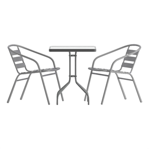 Modern 23.5&quot Square Glass Framed Glass Table with 2 Silver Slat Back Chairs